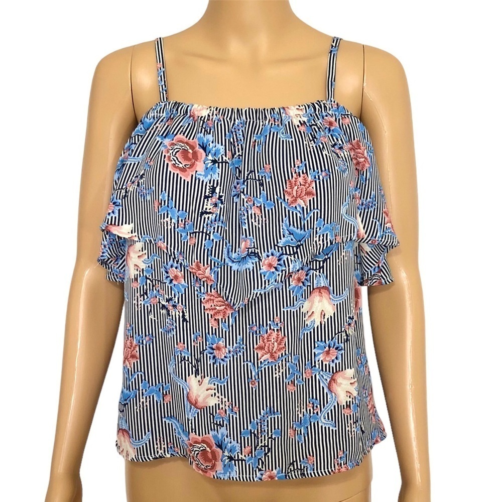 Lily White Floral Striped Ruffle Top Blouse Size L